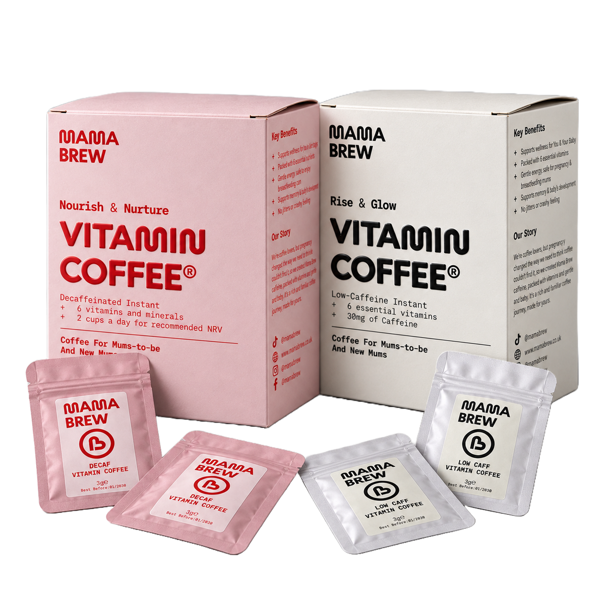Mama Brew Decaf + Low Caff Bundle, 30 Sachets, Instant Coffee for Pregnancy & Breastfeeding