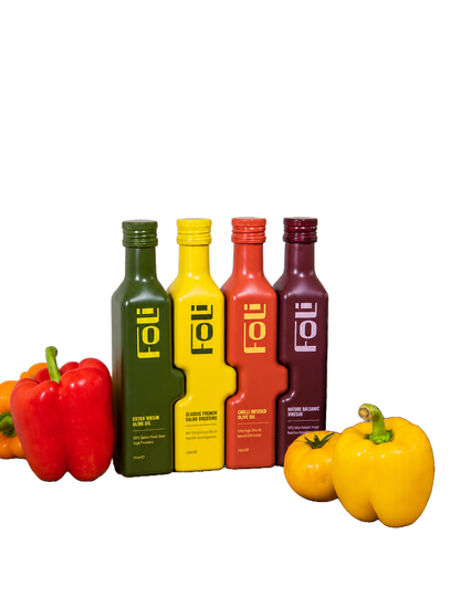 FOLI Premium Classic & Chilli Trio Gift set:  Extra Virgin Olive Oil Picuda 250ml, Chilli Infused Olive Oil 240ml & Mature Balsamic Vinegar 230ml