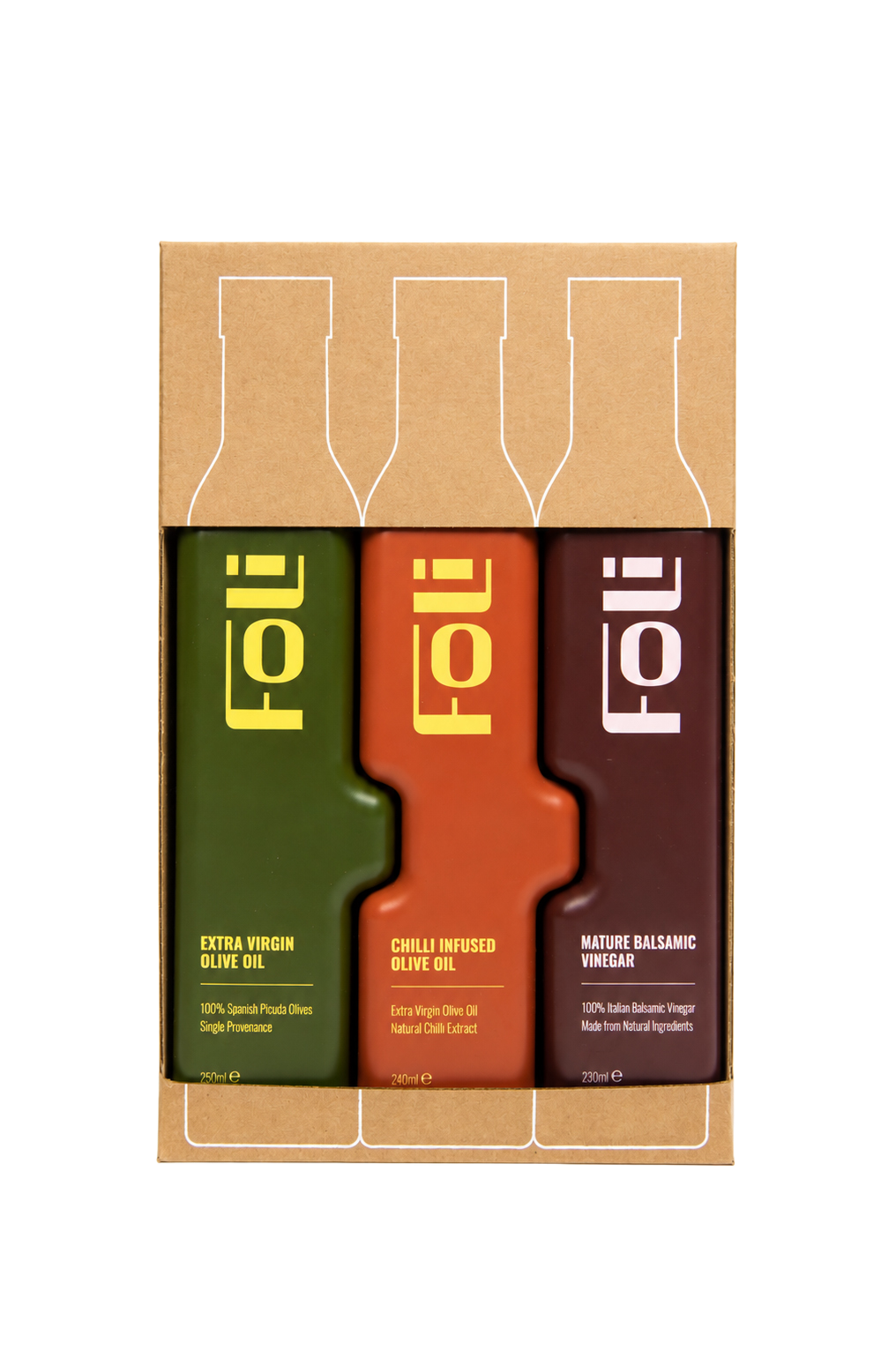 FOLI Premium Classic & Chilli Trio Gift set:  Extra Virgin Olive Oil Picuda 250ml, Chilli Infused Olive Oil 240ml & Mature Balsamic Vinegar 230ml