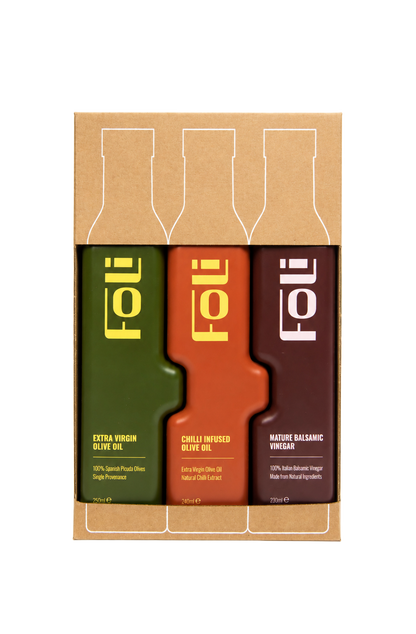 FOLI Premium Classic & Chilli Trio Gift set:  Extra Virgin Olive Oil Picuda 250ml, Chilli Infused Olive Oil 240ml & Mature Balsamic Vinegar 230ml
