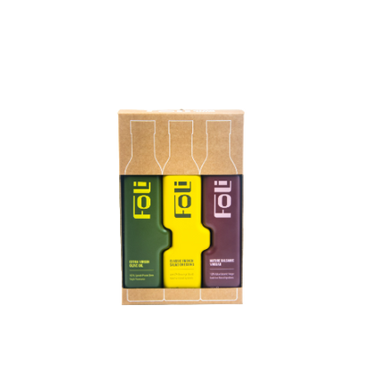FOLI PREMIUM DRESSING TRIO GIFT SET: Extra Virgin Olive Oil Picuda 250ml, French Salad Dressing 240ml & Mature Balsamic Vinegar 230ml