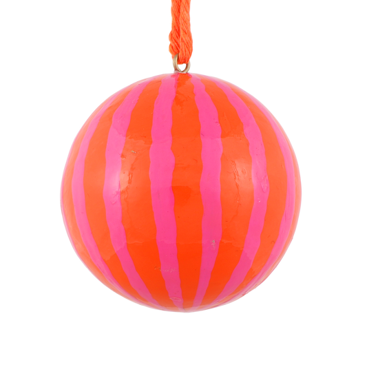 Stripe Papier Mache Bauble, Pink & Orange