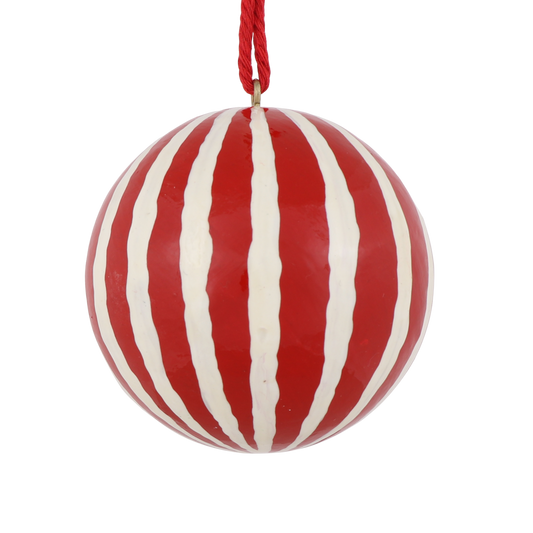 Stripe Papier Mache Bauble, Red & White