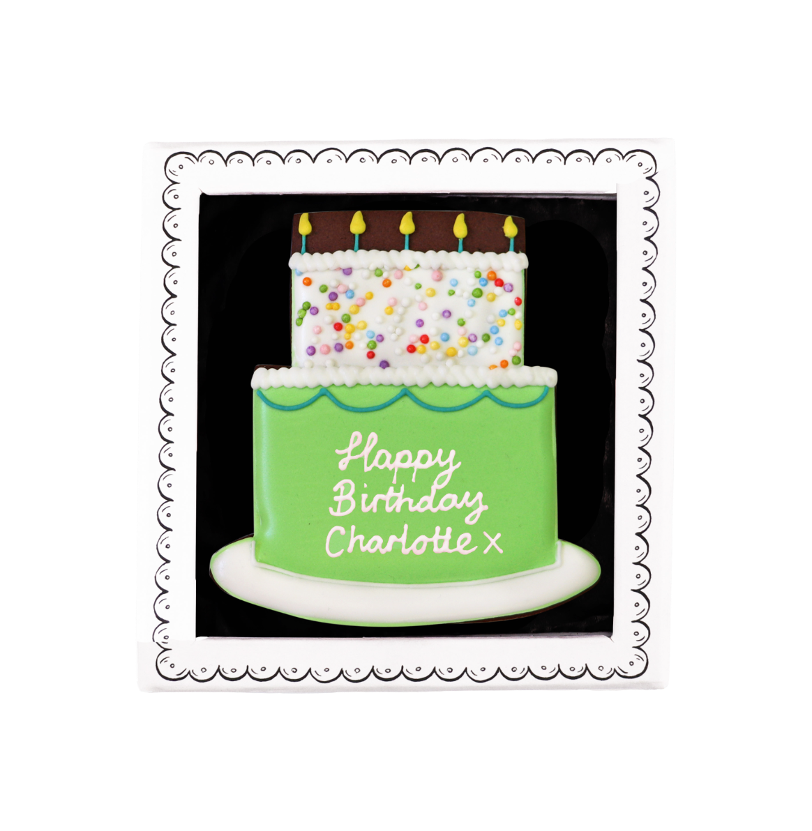 Biscuiteers Hand Iced Personalised green birthday cake letterbox biscuit