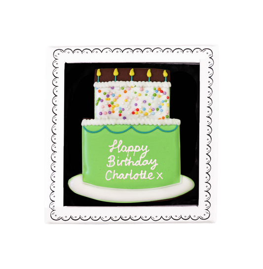 Biscuiteers Hand Iced Personalised green birthday cake letterbox biscuit