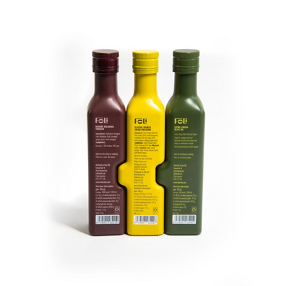 FOLI PREMIUM DRESSING TRIO GIFT SET: Extra Virgin Olive Oil Picuda 250ml, French Salad Dressing 240ml & Mature Balsamic Vinegar 230ml