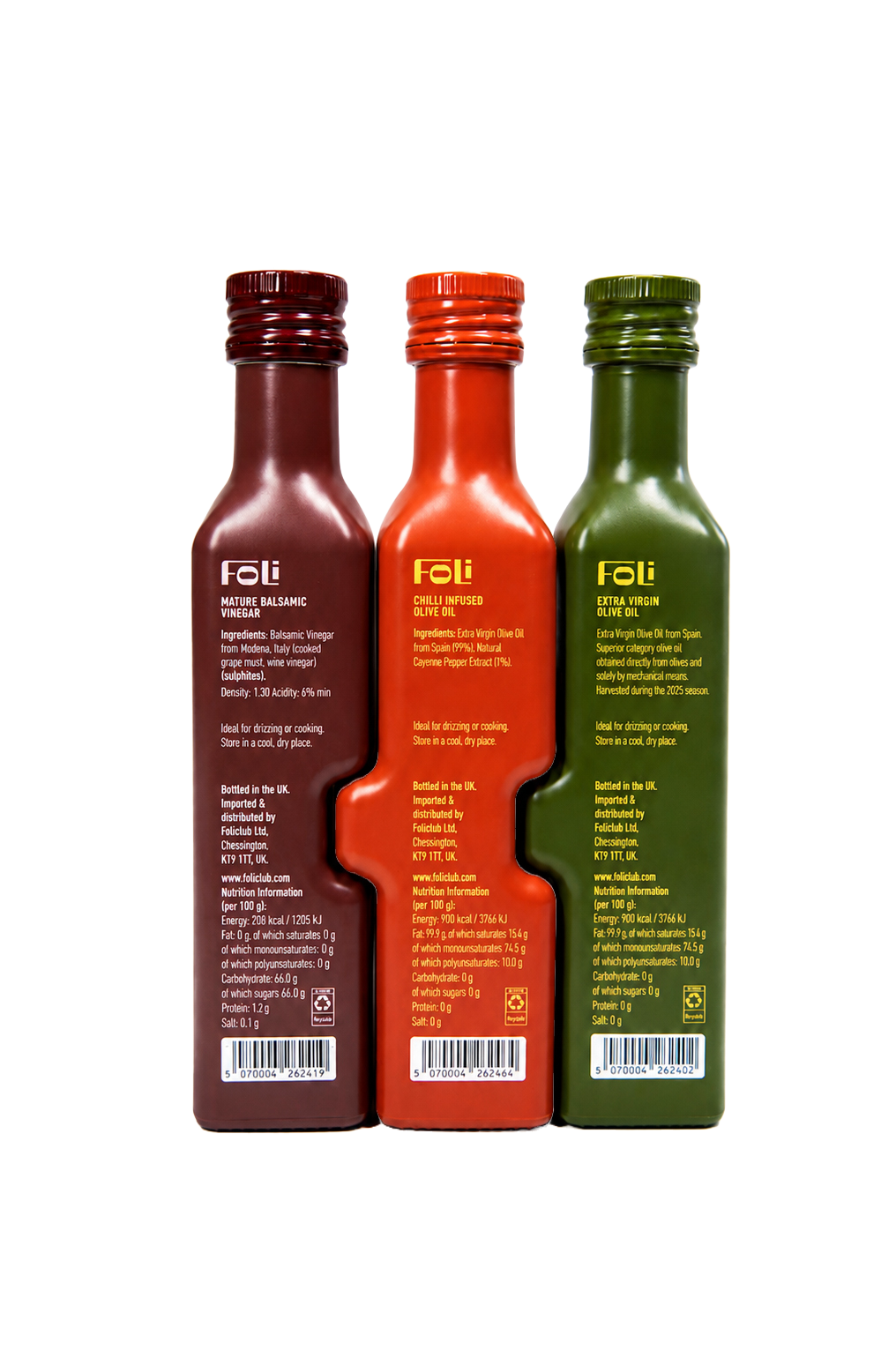 FOLI Premium Classic & Chilli Trio Gift set:  Extra Virgin Olive Oil Picuda 250ml, Chilli Infused Olive Oil 240ml & Mature Balsamic Vinegar 230ml