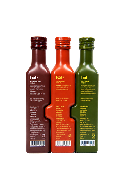 FOLI Premium Classic & Chilli Trio Gift set:  Extra Virgin Olive Oil Picuda 250ml, Chilli Infused Olive Oil 240ml & Mature Balsamic Vinegar 230ml