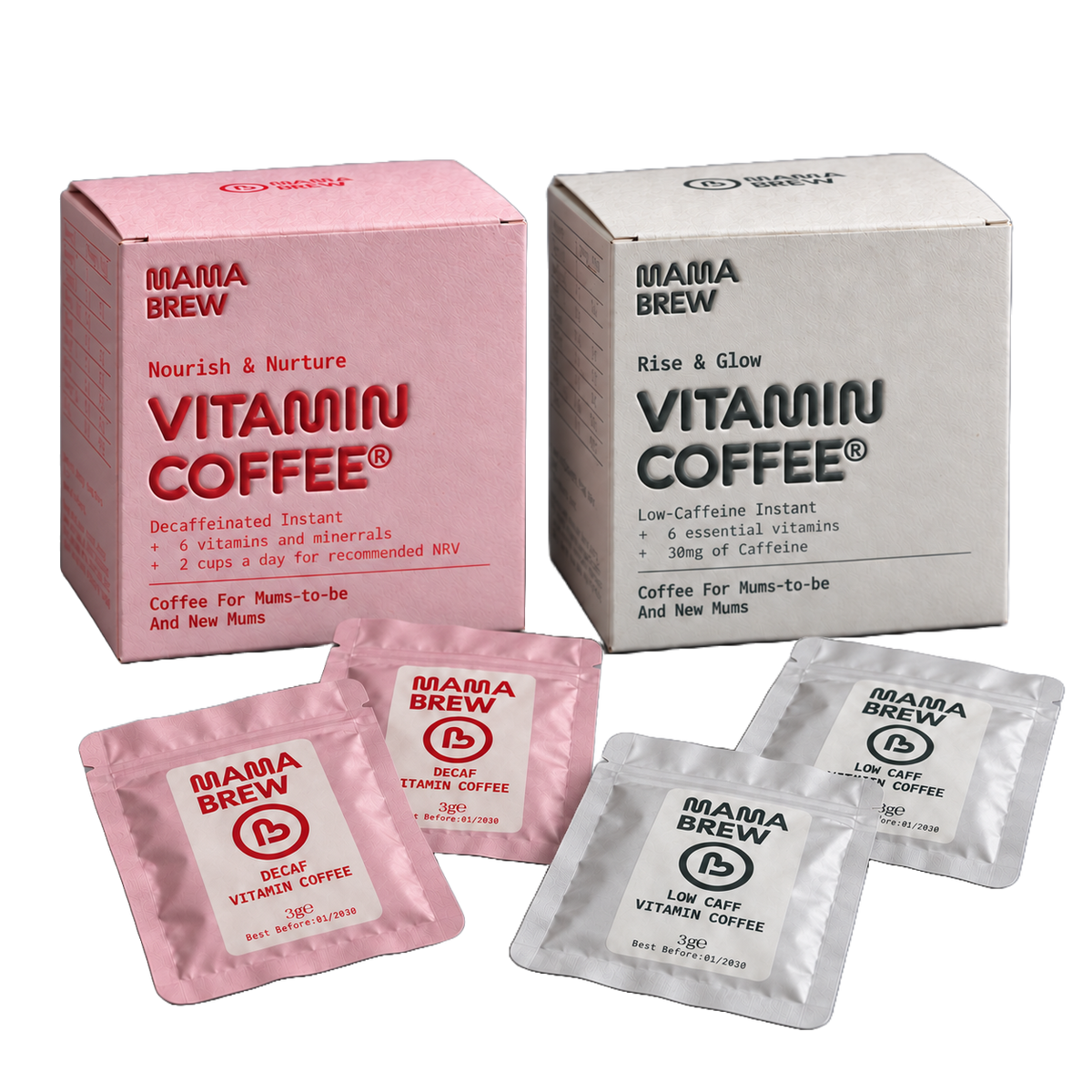 Mama Brew Decaf + Low Caff Bundle, 30 Sachets, Instant Coffee for Pregnancy & Breastfeeding