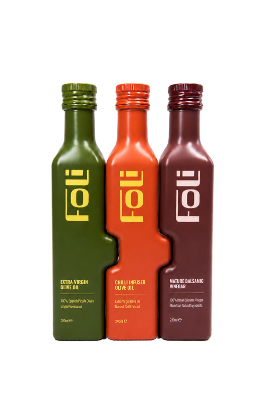 FOLI Premium Classic & Chilli Trio Gift set:  Extra Virgin Olive Oil Picuda 250ml, Chilli Infused Olive Oil 240ml & Mature Balsamic Vinegar 230ml